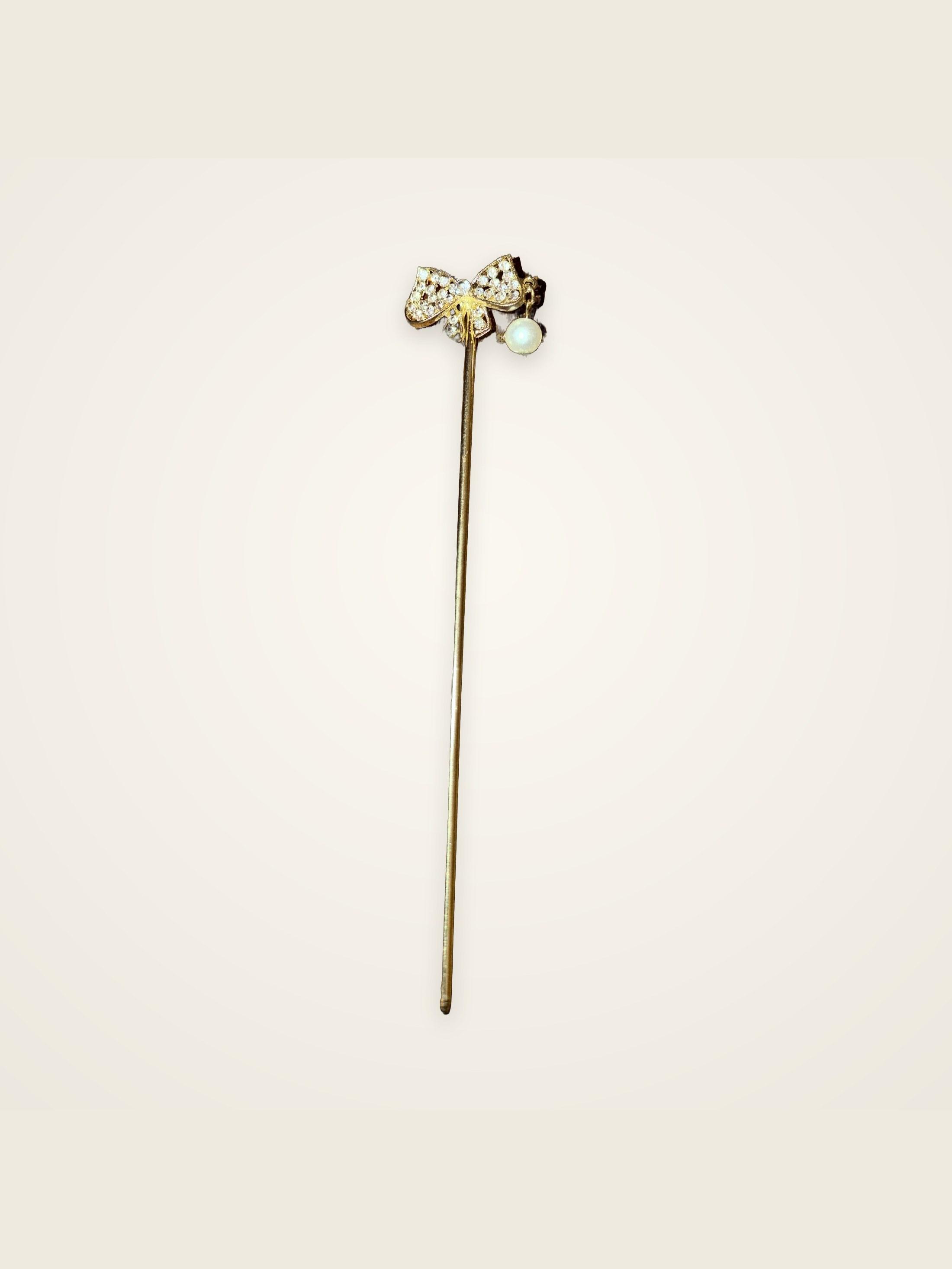 Crystal Butterfly Hair Stick — gold-tone stick with a crystal bow, butterfly and a pearl dangling from a fine chain