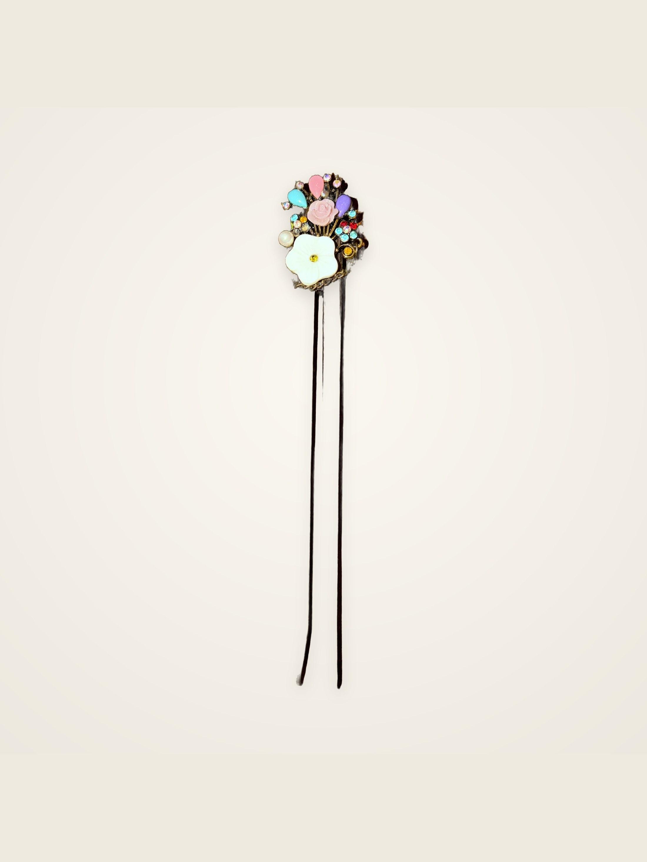 Vintage Garden Hair Fork — wooden double-prong fork with an antique-gold cluster of resin flowers, rhinestones and a pearl