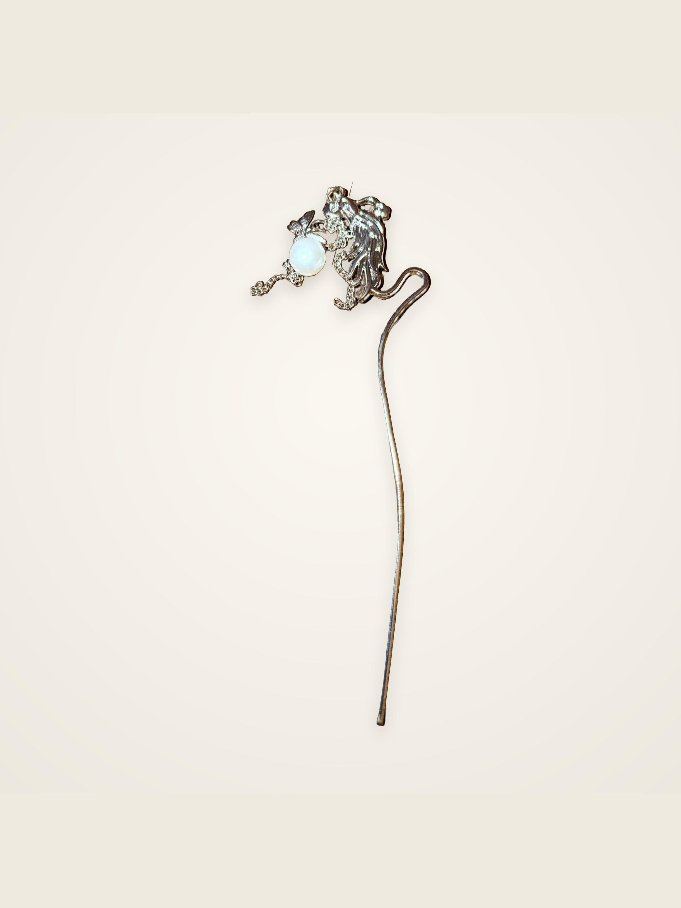 Pearl Phoenix Hair Stick — silver phoenix with a pearl drop on a fine chain